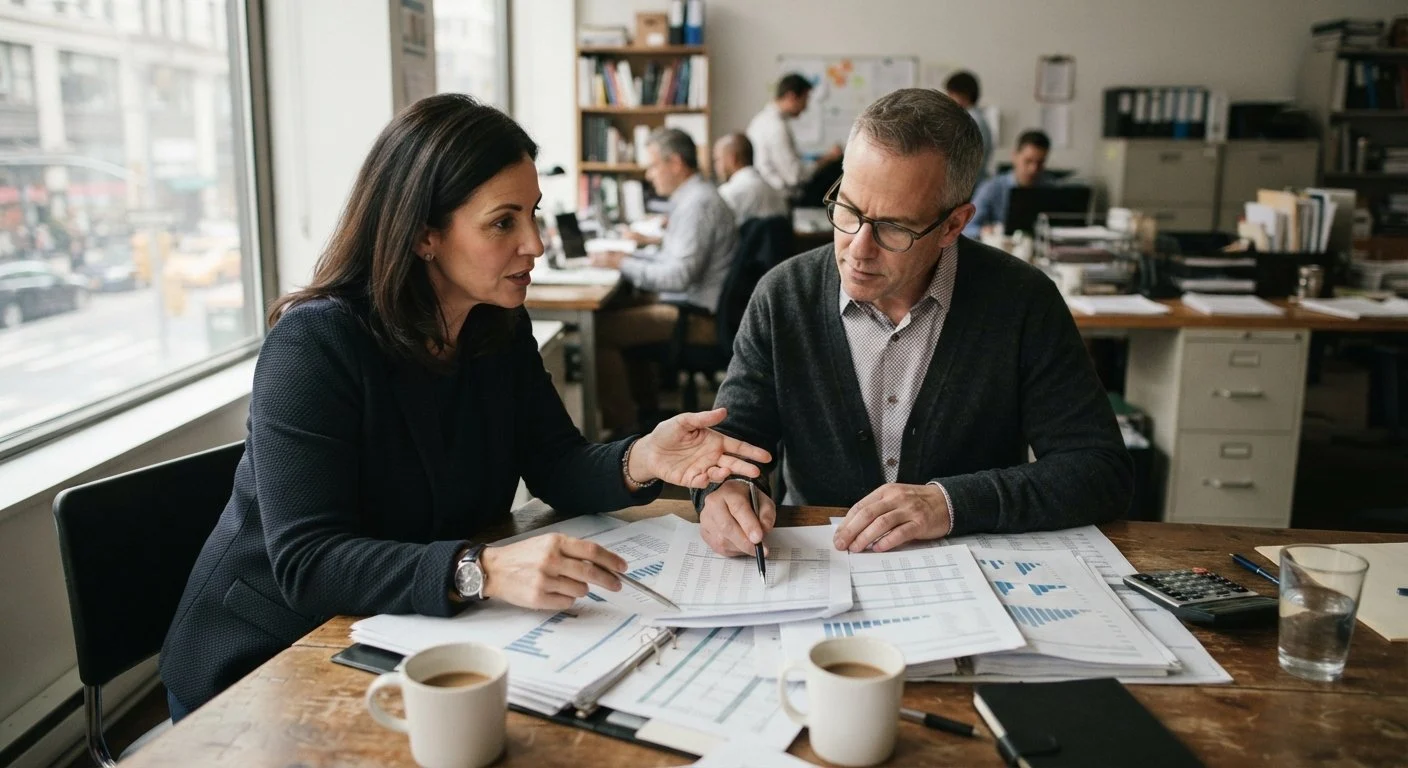 Verslininkas ir buhalteris diskutuojantys apie finansines ataskaitas