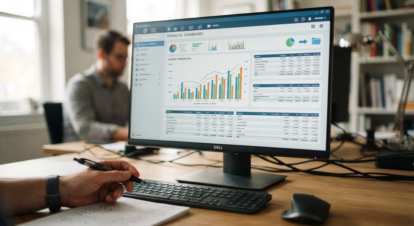 Buhalterinės programinės įrangos sąsaja kompiuterio ekrane su finansiniais grafikais ir duomenų įrašais